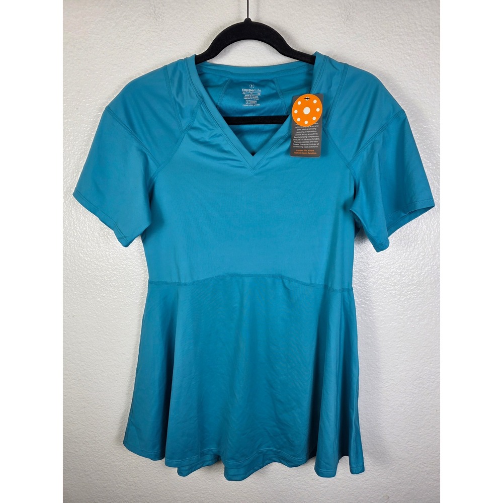 Copper Life Tahitian‎ Teal Peplum Short Sleeve Shirt XL V-Neck Copper Znergy